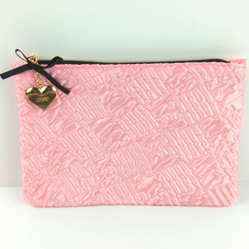 Ipsy Pink Satin Heart Charm Zipper-Pull Cosmetics Makeup Bag Pouch